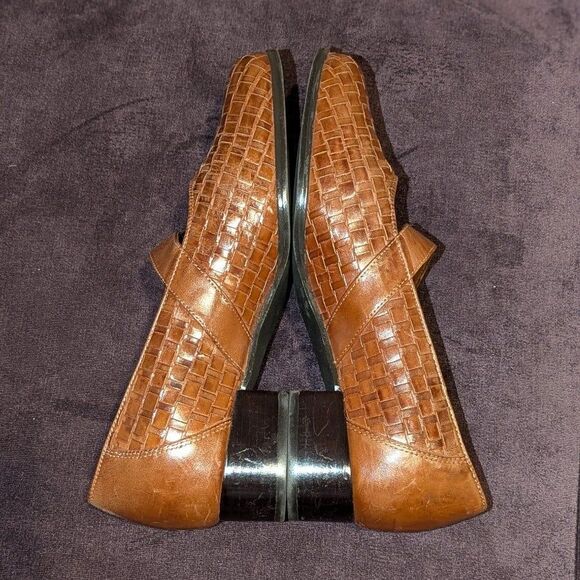 Drew Women's 6.5 WW Cognac Brown Leather Woven Mary Jane Shoes with Block Heel - Picture 5 of 8